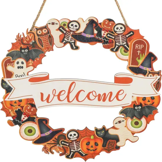 Halloween Wooden Wreath,Welcome Hanging Sign Decorations,Ghost Pumpkin Skull Wood {1}