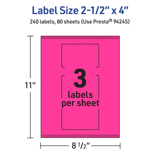 Avery Neon Magenta Paper Labels, 2.5" x 4" Rectangle {5}