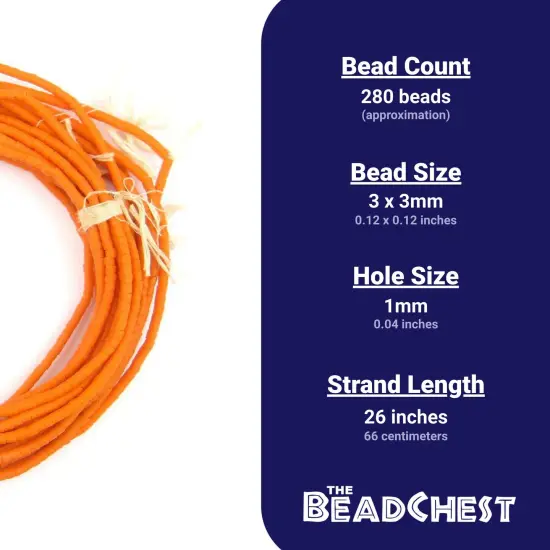 The Bead Chest Ghana Sandcast Beads - Full Strand of African Powder Glass Beads (3mm, Tangerine Orange) - Single 26" Strand {3}