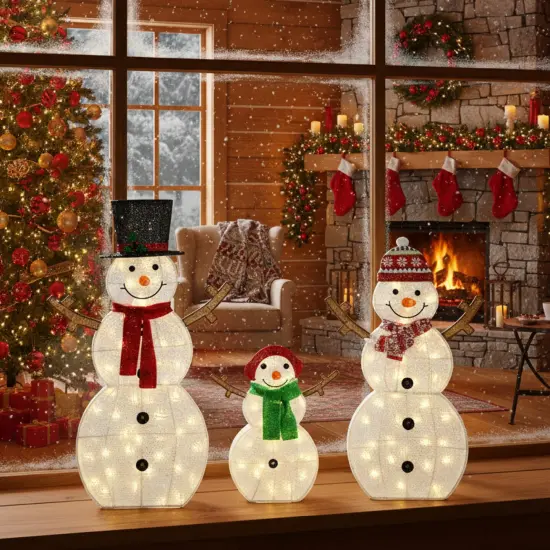 Set of Three 2D Lighted Snowmen 48", 42" & 24" Christmas Yard Ornaments {5}