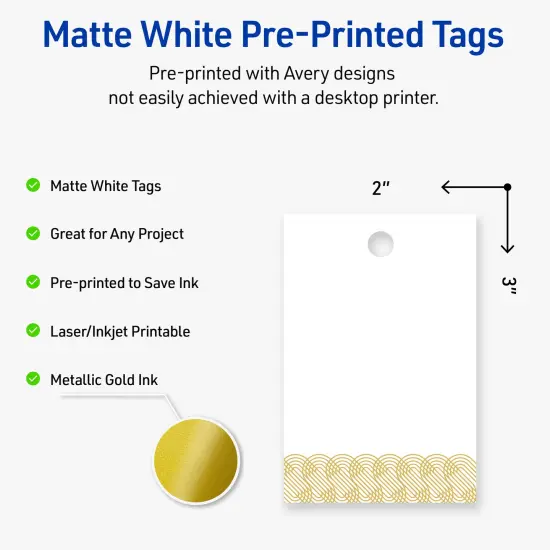 Avery Printable Rectangle Tags with Sure Feed Technology, Pre-Printed Gold Lace Trim Pattern, Matte White, 2" x 3", Laser & Inkjet Compatible, 80 Total {2}