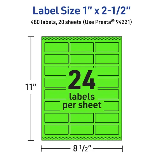Avery Neon Green Paper Labels, 1" x 2.5" Rectangle {5}