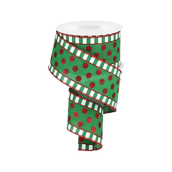 2.5" Dots & Stripes Glitter Ribbon: Emerald Green, White & Red (10 Yards) {1}