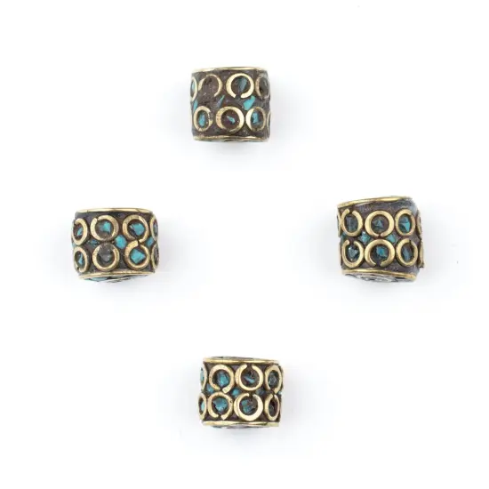 The Bead Chest Inlaid Nepali Cylindrical Brass Beads 10mm, Set of 4 Multicolor Cylinder Large Hole {2}