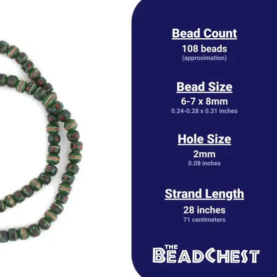 The Bead Chest Green Vintage Inlaid Bone Prayer Beads (8mm) {5}