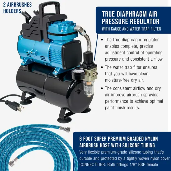 Master Airbrush 1/5 HP Super Cool Runner Dual Fan Tank Air Compressor Kit Model TC-426 - Professional Single-Piston, Regulator Water Trap, Holder {4}