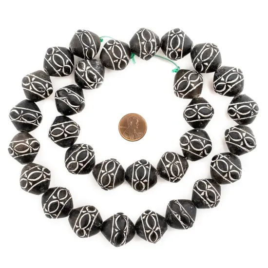 The Bead Chest Tribal Design Bicone Black Mali Clay Beads 20mm African Black and White Large Hole 24 Inch Strand Handmade {2}
