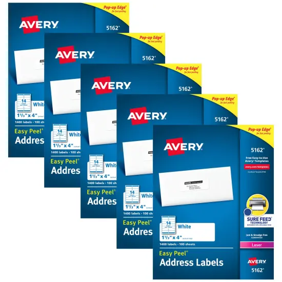 Avery Easy Peel Printable Address Labels with Sure Feed, 1-1/3" x 4", White, 1,400 Blank Mailing Labels for Laser Printers (5162) - 5 Pack {1}