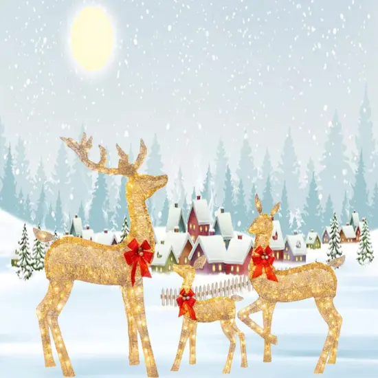 Premium Champagne Rattan Deer Trio with Red Bows for Holiday Decorating 63" + 52" + 37" {5}