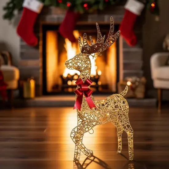 Lighted Christmas Reindeer Decor 48" Champagne Woven Standing Deer with Warm White LED Lights {4}