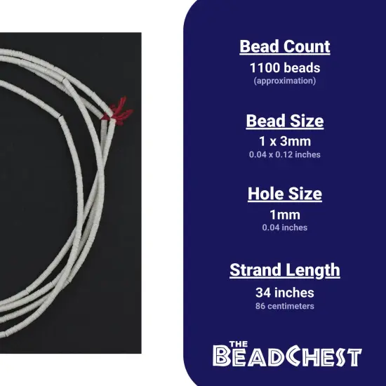 The Bead Chest African Vinyl Beads, Ghana Vulcanite Crafts Supplies for DIY Jewelry Making, Necklaces, Bracelets (3mm, White) {3}