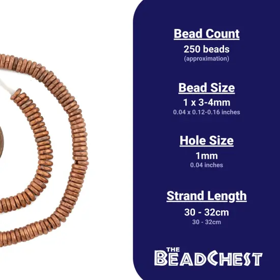 The Bead Chest Kenya Copper Heishi Beads - Full Strand of 3mm African Metal Disk Spacers {4}