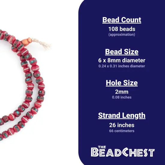 The Bead Chest Mala Meditation Beads - 108 Inlaid Prayer Beads for Yoga, Necklace, Jewelry (8mm, Red Bone) {4}