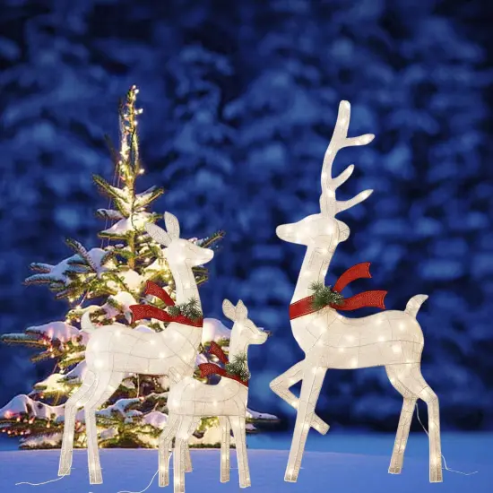 Dazzling White Cotton Thread Lighted Deer Family Set for Holiday Decor 60"+48"+32" {5}