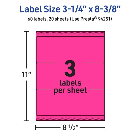 Avery Neon Magenta Paper Labels, 3-1/4" x 8-3/8" Rectangle {5}