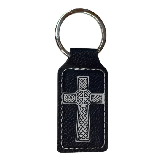Keychain - Rectangle - Celtic Cross - Leather Black/Silver {3}