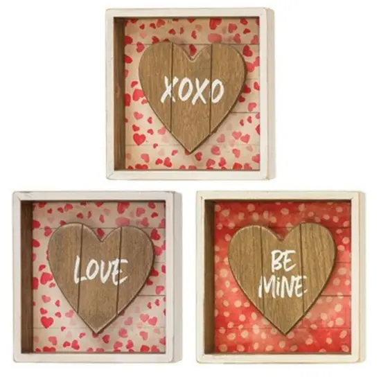 3 Asstd. Be Mine Wooden Shadow Box Sign with Heart Design and Love Words {1}