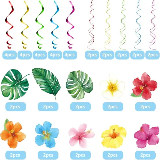 Hawaiian Luau Birthday Hanging Swirl Decorations 30 Pieces Flower Tropical Palm Foil Ceiling Decor for Floral Summer Beach Pool Party Supplies {5}