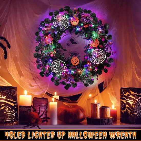 40 LED Light Up Halloween Wreath - Orange Purple Green Halloween - Bright Style {4}