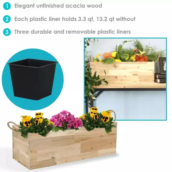 Acacia Wood Rectangle Tray Planter with Handles/Liner - Natural {2}