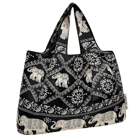 Wrapables Large Foldable Tote Nylon Reusable Grocery Bags, Black Regal Elephants {1}
