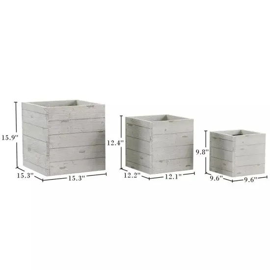 Square Fiber Clay Planter Set 3-Piece Varying Height Rustic Wood Look Pots {3}