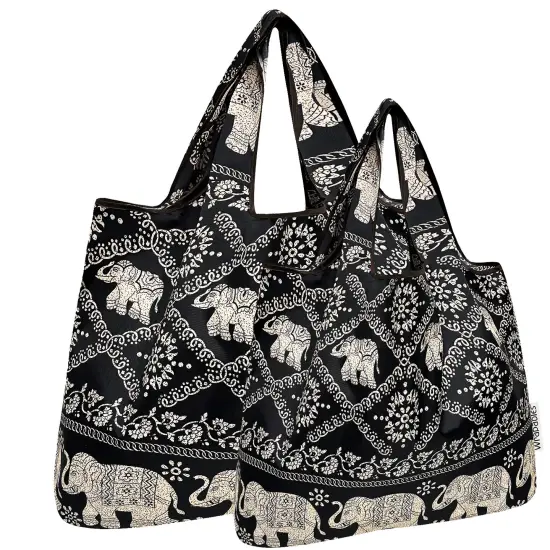Wrapables Large & Small Foldable Tote Nylon Reusable Grocery Bags, Set of 2, Black Regal Elephants {1}