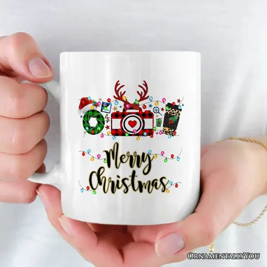Photographer Buffalo Plaid Christmas Mug, Photography Accessories like Camera, Holiday Gift {2}