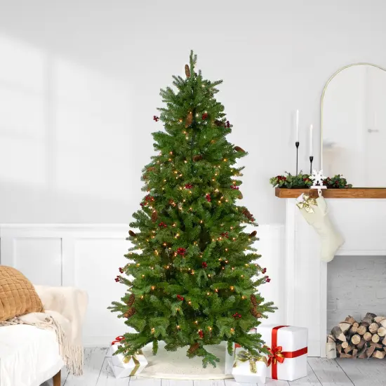 Northlight Real Touch&trade;️ Pre-Lit Medium Mixed Winter Berry Pine Artificial Christmas Tree - 6.5' - Clear Lights Green {1}