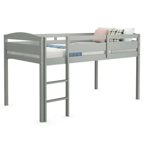 Wooden Twin Low Loft Bunk Bed with Guard Rail and Ladder Grey {7}