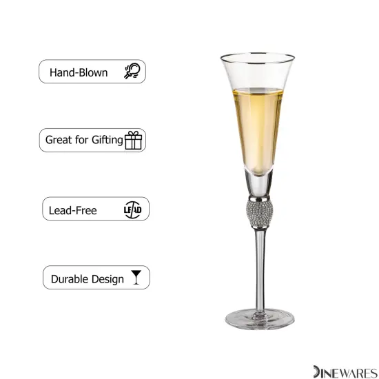 Elegant Crystal Set Wedding Champagne Glasses with Diamond Rhinestone Accents and a Polished Rim - 11 in Tall with Slender Long Stems, 7 oz - Chic Toasting Set for the Bride and Groom {5}