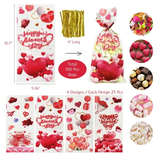 Wrapables Valentines Cellophane Treat Bags With Twist Ties for Candy, Cookies, Treats, Gifts and Party Favors (100pcs), Happy Valentines {2}