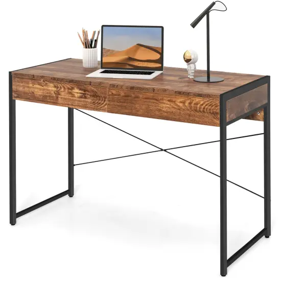 44 Inch Home Office Desk with 2 Separate Drawers and Steel Frame Rustic Brown {8}