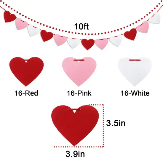 Felt Heart Garland Banner, Pre-Strung | Valentines Decorations | Red Pink White Valentines Banner | Anniversary Wedding Birthday Party Decorations | Outdoor Home Hanging Valentines Decor {5}