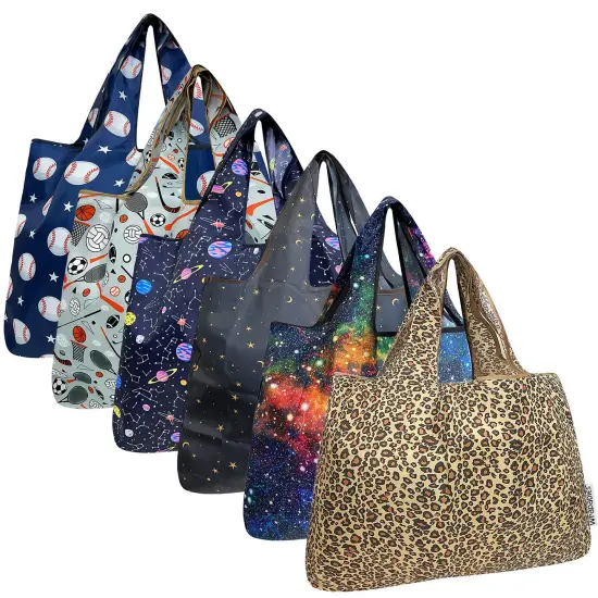 Wrapables Large Foldable Tote Nylon Reusable Grocery Bags, 6 Pack, Cosmic Dreams {1}