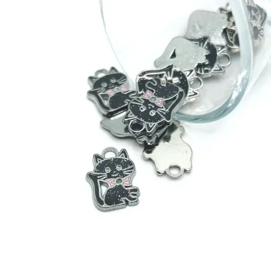 4, 20 or 50 Pieces: Black Enamel Glitter Cat Charms {1}