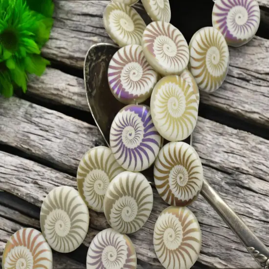 *8* 17mm Matte Ivory Sliperit Laser Etched Spiral Coin Beads {1}