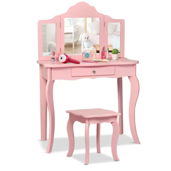 Kids Makeup Dressing Mirror Vanity Table Stool Set White {8}