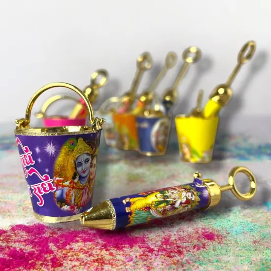 Laddu Gopal Pichkari Balti Set for Holi Festival Radha Krishna Printed Bucket Pickari for Laddu Gopal Ji Holi Acrylic Balti Pichkari Lord Krishna Toys Holi Puja Favors Babyshower Gifts {4}