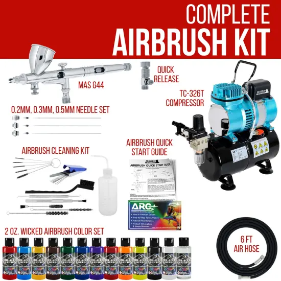 Precision Detail Control Airbrush Kit with 3 Tips and 1/5 HP Cool Runner II Dual Fan Tank Air Compressor, Wicked 12 Color Paint Set and Cleaning Kit {2}