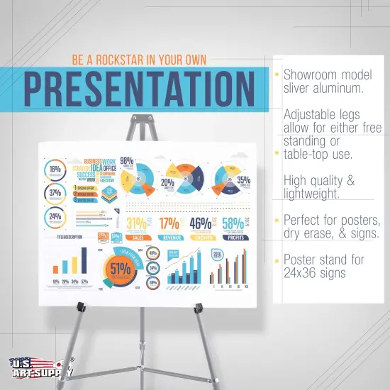 66" High Gallery Silver Metal Display Easel - Large Adjustable Height Portable Easel Stand, Sign Display, Holds 25 lbs - Floor & Tabletop Easels, Painting Stand {4}