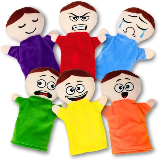 4E's Novelty 6 Pack Emotion Hand Puppets for Kids &ndash; Soft Plush 6 Emotions Hand Puppets for Toddlers 3-8 {1}