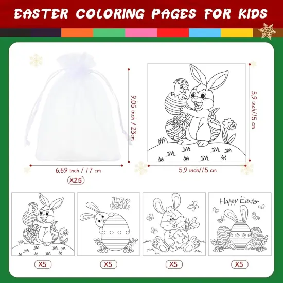 20 Sets Easter Activity for Kids 20 Pcs Easter Coloring Page with 20 Pack Coloring Pencils and Organza Bags {2}