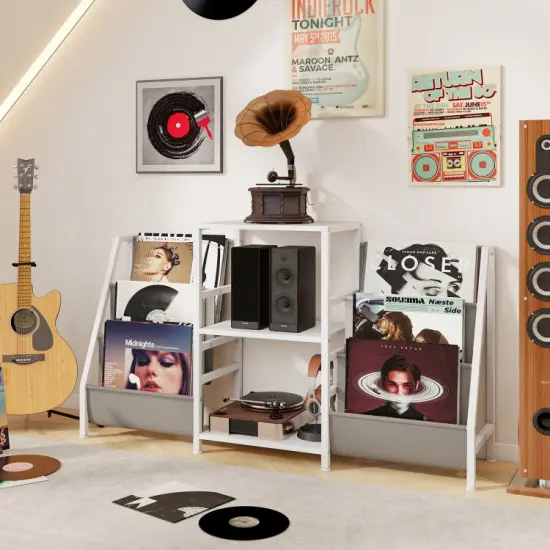 Wooden Record Player Stand with 3 Shelves, Turntable Display for up to 200 Albums, Compact Storage Solution White {3}