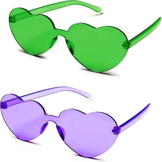 4E's Novelty 2 Pack Heart Shaped Sunglasses for Women - Cute Green & Purple Heart Sunglasses for Parties, Festival & Valentines {1}