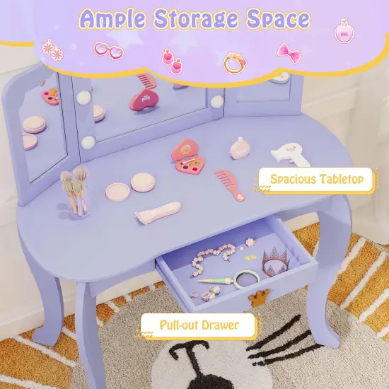 Costway Kids Vanity Set Princess Vanity Table & Chair Set with Lighted Mirror White/Pink/Purple {6}