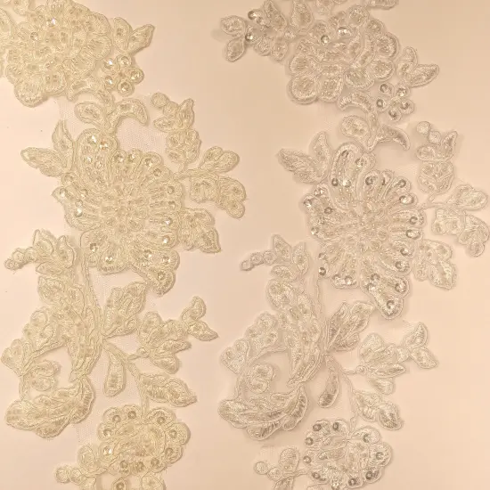 1 Pair Beaded & Corded Floral Lace Applique on 100% Polyester Net Mesh 13" x 3" Each Side Ivory {5}