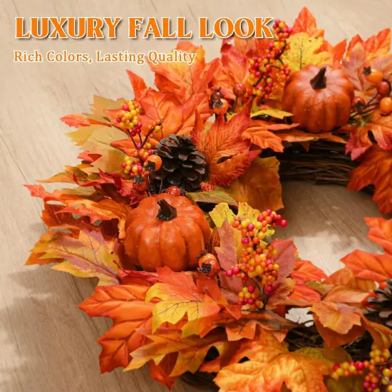 20 Inch Autumn Wreath with Pumpkins Maple Leaves {4}