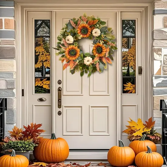 22in Sunflower Fall Door Wreath with Pumpkin {2}