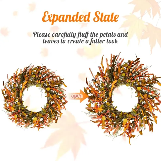 24" Orange Flower Fall Wreath with Colorful Mixed Leaves {3}